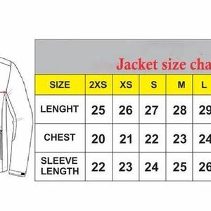 May include: A jacket size chart in inches featuring a line drawing of a jacket with arrows indicating measurement points for length, chest, and sleeve length. The table lists sizes from 2XS to 3XL with corresponding values in inches for each category.