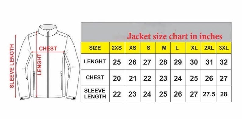 May include: A jacket size chart in inches featuring a line drawing of a jacket with arrows indicating measurement points for length, chest, and sleeve length. The table lists sizes from 2XS to 3XL with corresponding values in inches for each category.