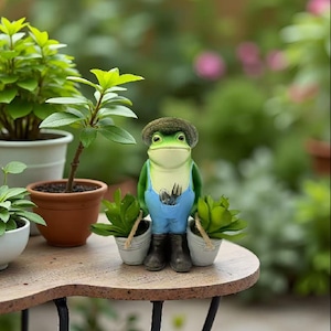 May include: A decorative frog figurine wearing a textured green hat, blue overalls, and dark boots. The frog holds two small white buckets containing green plants, one in each hand, and has a small silver fork tucked into the front pocket.