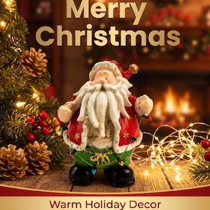 May include: A Santa Claus figurine wearing a red coat with white trim and green trousers, featuring a long white beard and black boots. The figure is wrapped in a string of small multicolored lights, set against a background with the text Merry Christmas.