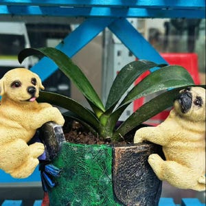 Puede incluir: Una maceta verde texturizada con dos figuras de perro esculpidas en los lados, una que se asemeja a un cachorro de golden retriever y la otra a un pug, con una planta de hojas verdes creciendo en el centro del recipiente.
