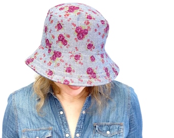 Vacation Sun Hat for Women, Women's Summer Hats, Large Brim, Bucket Hat Women, Foldable Beach Hat, Woman's Fabric Hat, Floral Gardening Hat