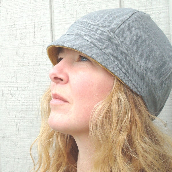 Women's Cloche Hat - Fall Fashion Hat for Women - Mustard and Grey Herringbone Cloche Hat  | Reversible Cloche Hat