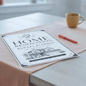 May include: A white paper planner titled Home Renovation Budget Planner with a black and white illustration of a two-story house. The text reads Plan, Track, Stay on Budget and Every Dollar, Every Detail, Your Dream Home with a house icon at the top.