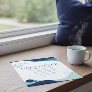 May include: A white paper document titled Declutter Planning System with dark blue and light green abstract wave graphics, leaf illustrations, and geometric shapes. The text lists Room Organization Tracker, Home Sorting Workbook, Minimalist Living Planner, Downsizing Guide, and Organize Home.