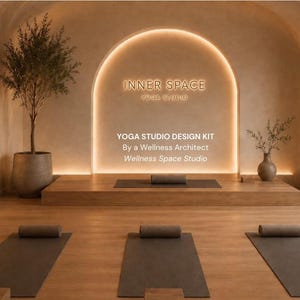 May include: A yoga studio interior featuring a raised wooden platform with an arched wall and integrated lighting. Text reads: INNER SPACE YOGA STUDIO, YOGA STUDIO DESIGN KIT, By a Wellness Architect, Wellness Space Studio. Dark mats are on the floor.