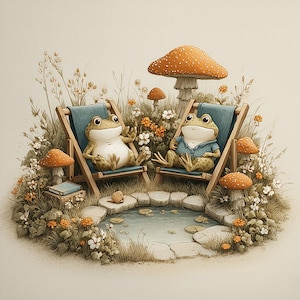 Cozy Cottage Frogs Swimming and Sunbathing, Whimsical Wall Art, Woodland Nursery, Cottagecore Animal Decor, Fantasy Print, Digital Download