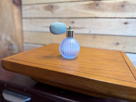 Vintage Frosted Blue Glass Atomizer Perfume Bottle Boudoir Vanity Decor