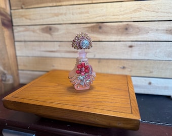 Vintage Jeweled Pink Perfume Bottle Rhinestone Art Glass Vanity Decor