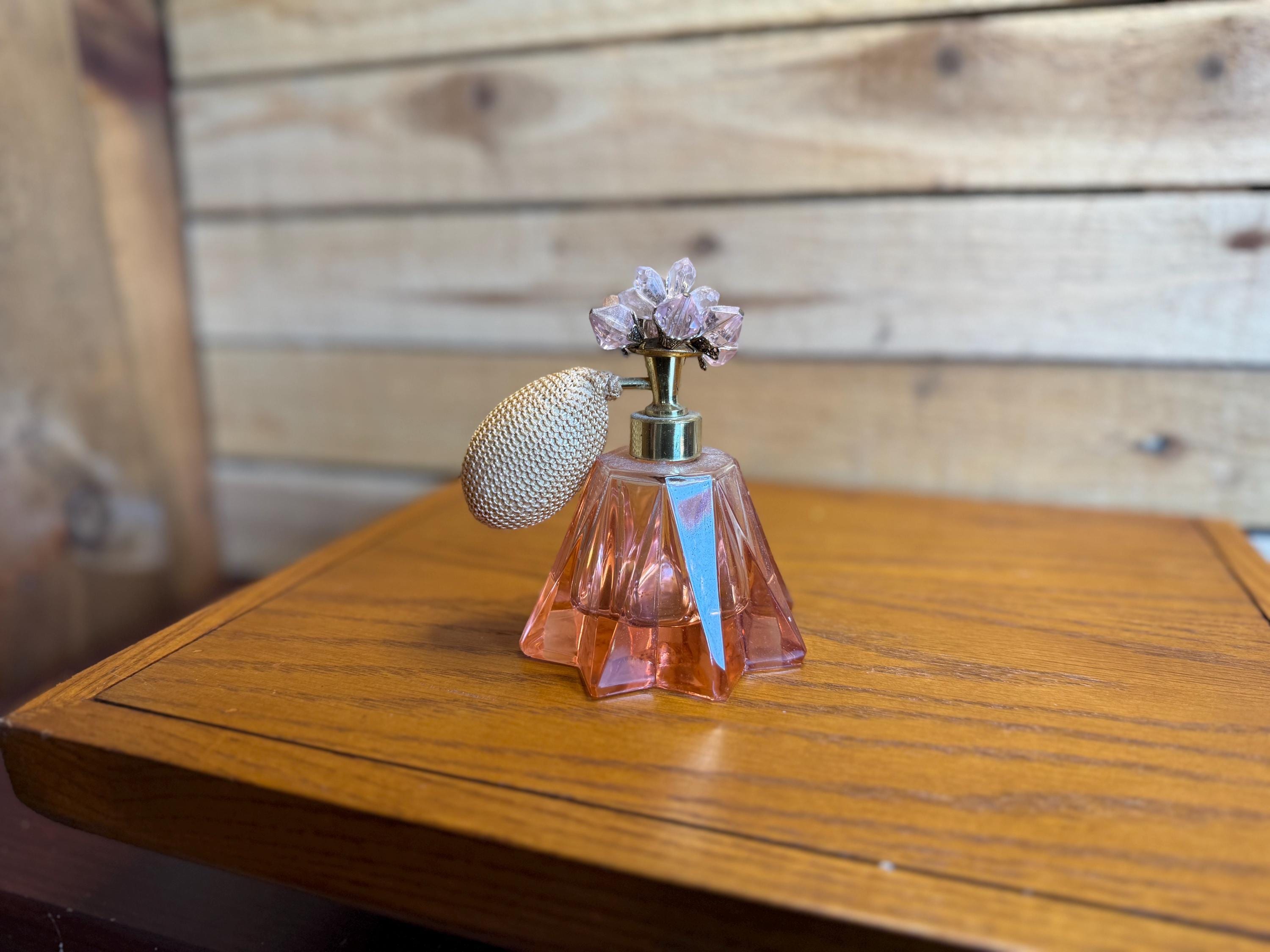 Vintage Pink Glass Perfume Atomizer Art Deco Vanity Bottle Floral Top