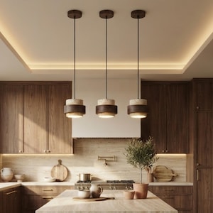 Modern Travertine Pendant Light, Natural Stone Hanging Ceiling Lamp, Minimalist Wood Pendant Lighting, Scandinavian Kitchen Island Light