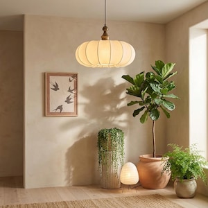 Japanese Paper Pendant Light, Wabi Sabi Hanging Lamp, Mid Century Modern Chandelier, Scandinavian Ceiling Light, Handmade Fabric Pendant