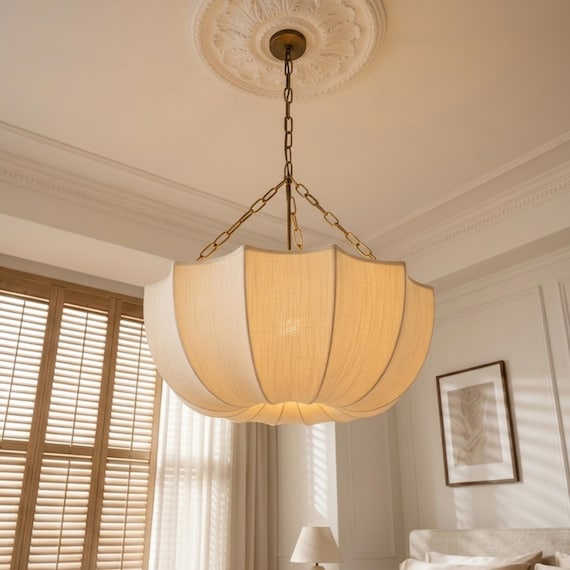 Scalloped Linen Pendant Light, Modern Fabric Chandelier, French Country Ceiling Lamp, Elegant Bedroom Lighting,Vintage Cottagecore Lightning
