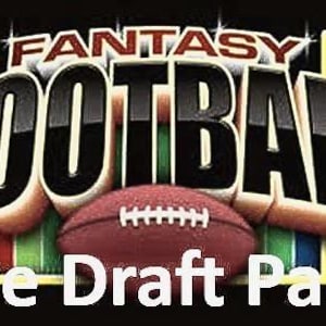 May include: A graphic design featuring the text FANTASY FOOTBALL in large, bold, three-dimensional black letters with white outlines. Below the text, a brown textured football is centered. The text Live Draft Party appears in white below.