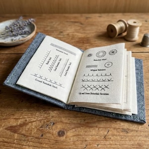 Puede incluir: Un pequeño folleto abierto encuadernado en tela gris oscuro, con diagramas impresos en negro de varias puntadas de bordado en páginas de color blanco roto. El texto incluye etiquetas como Buttonhole Stitch, Blanket Stitch y Up and Down Buttonhole Variations.