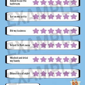 May include: A light blue potty training chart featuring cartoon dog characters at the top and the title Potty Training Chart. It includes six rows with tasks like Asked to use the bathroom and rows of purple stars, plus a Name field at the bottom.