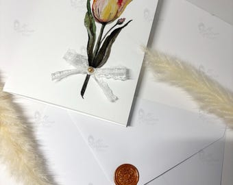 Handmade Tulip Watercolor Card | 3D Floral Decor, Linen Cardstock, Wax Seal Envelope