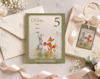Personalized Woodland Wishes Birthday Invitation Set | Bunny & Fox Birthday Party Invitations | Original Watercolor Artwork