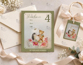 Woodland Bear Hedgehog Birthday Invitations - Original Watercolor Artwork Set