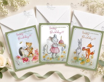 Woodland Wishes Birthday Card Collection – Set of 3 Handmade Watercolor Greeting Cards
