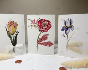 Set of 3 Greeting Cards | Floral Watercolor | Handmade | Wax Seal Envelopes | Gift for Her