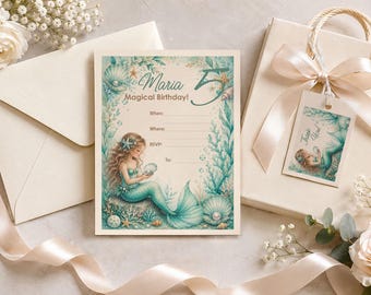Personalized Mermaid Birthday Invitations with Matching Gift Tags