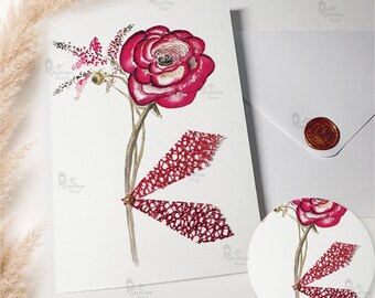 Greeting Card | Handmade Blank Floral Card | Red Rose Watercolor | Wax Seal Envelope | Gift for Her