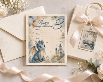 Personalized Dragon Birthday Invitations with Matching Gift Tags