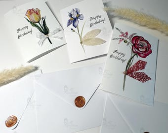 Luxury Handmade Blank Greeting Card Set of 3, Watercolor Floral Cards, Linen Cardstock, Wax Seal Envelopes, Handmade 3D Decor