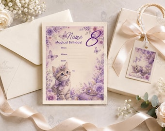 Personalized Cat Birthday Invitations with Matching Gift Tags
