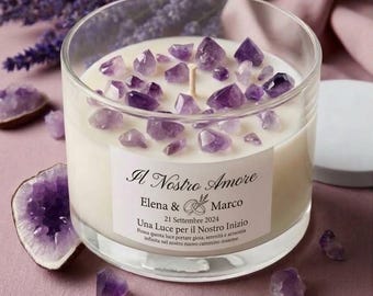 Amethyst Crystal Candle Wedding Favors for Guests, Personalized Bulk Favors, Real Amethyst Scented Candle, Custom Name & Date