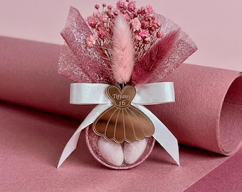 Sweet 16 Birthday Favors Bulk | Dress Tag Tulle Almond Bomboniere | Personalized Women Party Favor with Dried Flowers