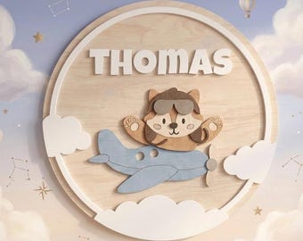Personalized Baby Name Sign with Birth Stats, Wooden Airplane Nursery Decor, Aviator Birth Announcement Plaque, Newborn Baby Shower Gift