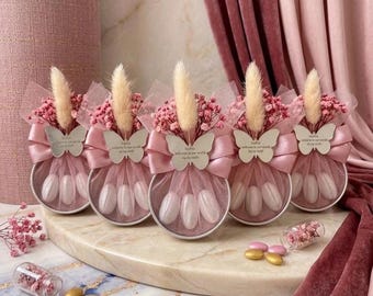 Baptism Favors Bulk | Butterfly Tag Almond Bomboniere | Personalized Christening Wedding Favor with Dried Flowers & Tulle
