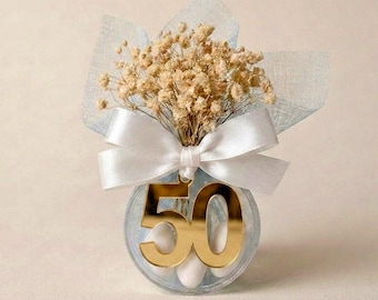 50th Wedding Anniversary Favors Bulk | Golden Jubilee Guest Gift | Personalized Almond Bomboniere with Dried Flowers & Engraved Tag Handmade