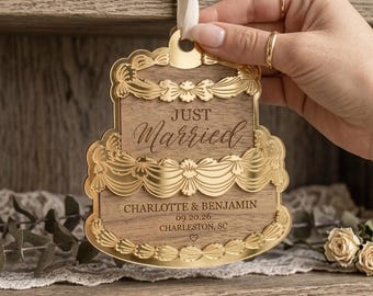 Personalized Wedding Cake Ornament, Custom Just Married Keepsake with Names & Date, First Christmas Married Gift, Newlywed Wedding Favor