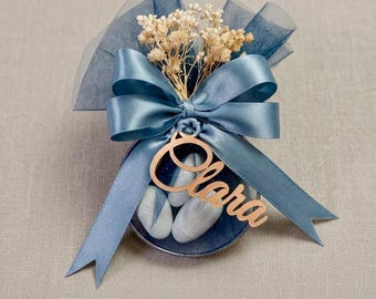 Personalized Birthday Favors Bulk | Custom Name Tag | Almond Bomboniere with Dried Flowers & Tulle Bow | Party Guest Gift