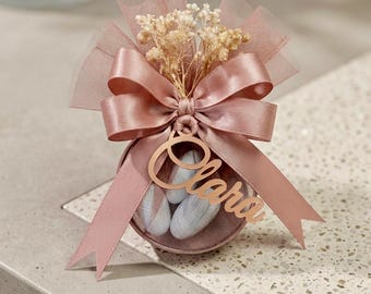 Baptism Favors Bulk | Personalized Christening Bomboniere | Custom Name Almond Favor with Dried Flowers | Baby Shower Guest Gift