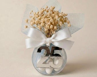 25th Wedding Anniversary Favors Bulk | Silver Jubilee Guest Gift | Personalized Almond Bomboniere with Dried Flowers & Engraved Tag