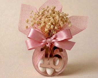 Milestone Birthday Favors Bulk | Custom Age Number Tag | Personalized Almond Bomboniere 18th 30th 40th 50th with Dried Flowers