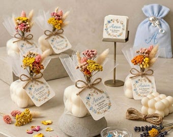 Bubble Wax Favors Bulk | Dried Flowers Personalized Tag | Baptism Wedding Communion Graduation Bomboniere | Handmade