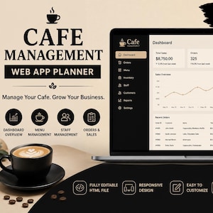 Pode incluir: Um planejador de aplicativo web de gestão de café exibido em uma tela de laptop e smartphone. A interface apresenta um painel com dados de vendas, listas de pedidos e métricas de inventário ao lado de uma xícara de café preta.