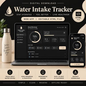 Könnte beinhalten: Ein digitaler Wassertracker auf einem Laptop- und Smartphone-Bildschirm mit dunkler Benutzeroberfläche und beigen Akzenten. Eine beige Wasserflasche mit dem Text Better Habits Brighter Days steht links neben dem Laptop.