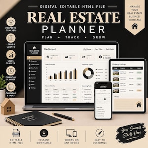 May include: A digital real estate planner displayed on a laptop, tablet, and smartphone screen. The interface features a dashboard with property trackers, sales data, and a calendar. A black notebook and pen are placed on the desk nearby.