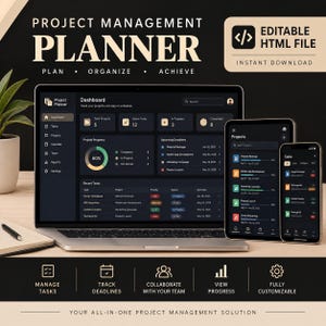Op de afbeelding: Een digitale projectmanagementplanner weergegeven op een laptop, tablet en smartphone. De interface heeft een donker thema met een dashboard dat projectvoortgang, takenlijsten en deadlines toont. Tekst: Project Management Planner.