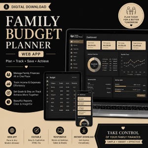 May include: A digital family budget planner web app displayed on a laptop, tablet, and smartphone. The interface features a dark theme with beige text, showing financial dashboards, expense tracking, monthly trends, and savings goals with clear charts.