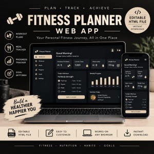 May include: A fitness planner web app displayed on a laptop and smartphone screen. The interface features a dark theme with beige text, showing workout plans, meal trackers, progress charts, and goal settings. Text includes Plan, Track, Achieve, Fitness Planner Web App, and Build a Healthier Happier You.