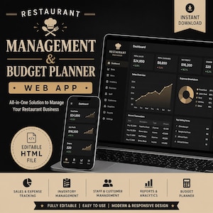 May include: A restaurant management and budget planner web app displayed on a laptop and smartphone screen. The interface features a dark theme with gold accents, showing dashboards with sales graphs, expense breakdowns, and transaction lists.