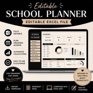 Może przedstawiać: Edytowalny plik Excel z planerem szkolnym wyświetlony na ekranie laptopa. Interfejs zawiera pulpit nawigacyjny z harmonogramem tygodniowym, przeglądem zadań, wykresami kołowymi, słupkowymi i listami egzaminów. Tekst zawiera "SCHOOL PLANNER".