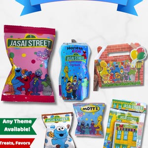 May include: A custom birthday party bundle featuring Sesame Street-themed snacks and favors. Items include a pink snack bag, a blue Honest Kids juice pouch, a brick-patterned treat box, two small snack bags, and a yellow building-themed favor pack.